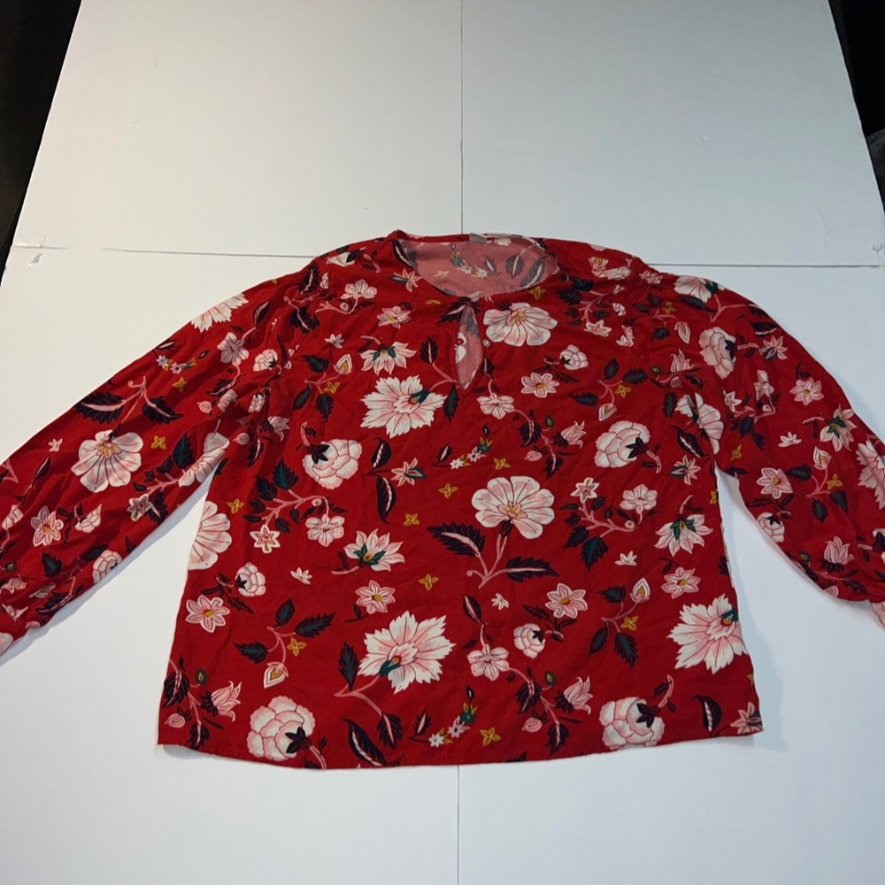 Old Navy Size Large Womens Red Floral Button Up Short Sleeve Blouse